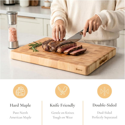 Vandroop Maple Wood End Grain Cutting Board for Kitchen - Square Wooden Maple Heavy Butcher Block Chef's Board 14x14x2”- Reversible End-Grain Chopping Board with Finger Grips