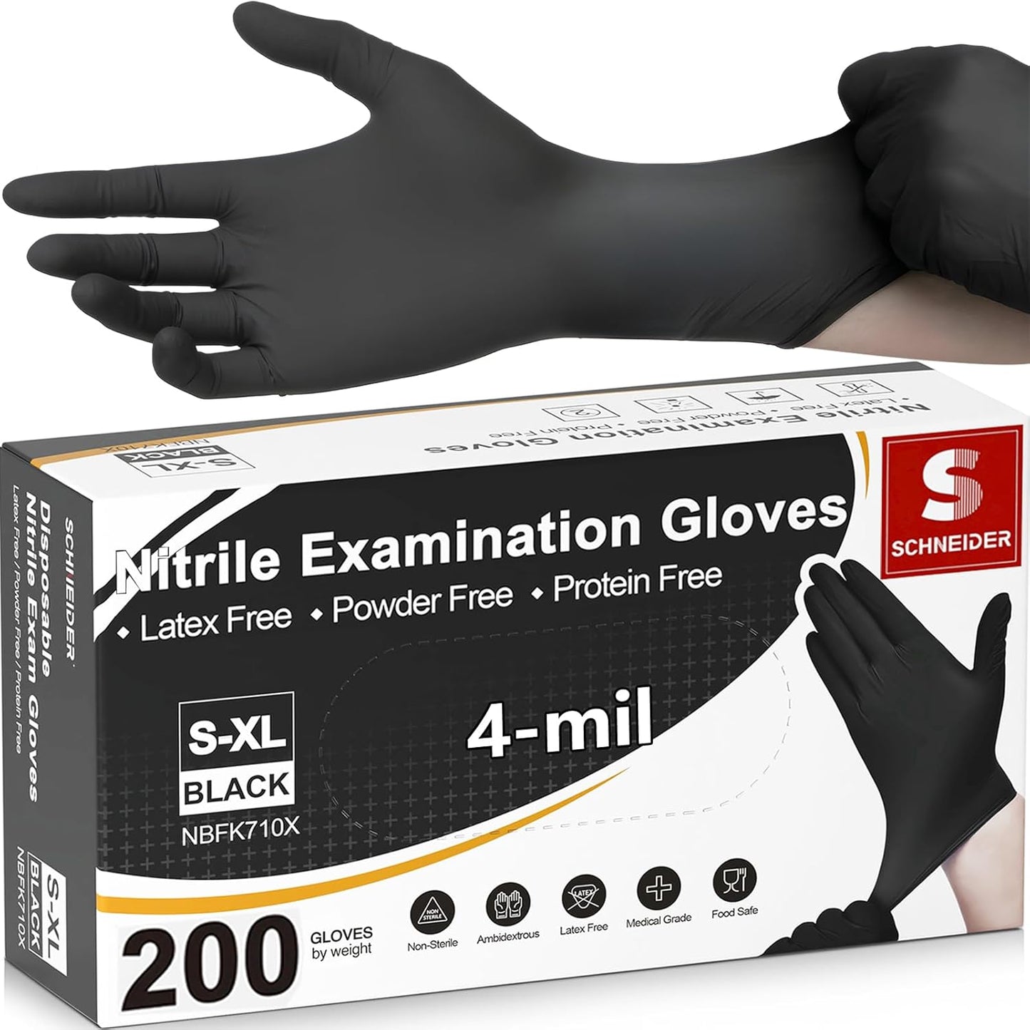 Schneider Nitrile Exam Gloves, 4 Mil Black Gloves Disposable Latex Free Powder Free, Food Safe for Cooking, Food Prep, Clean