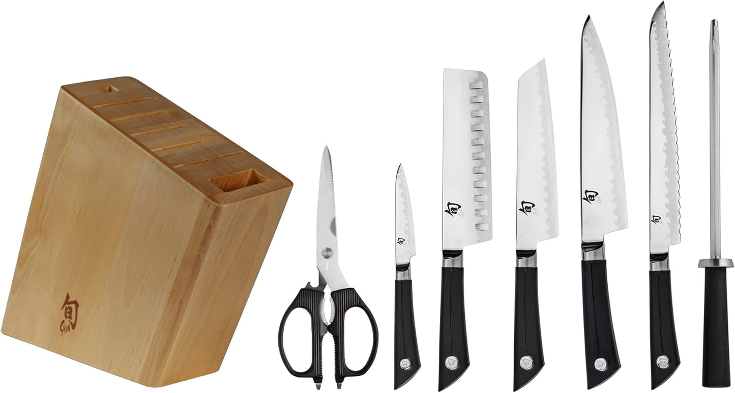 Shun Sora 8 Piece Block Set, Includes 8" Chef's, 3.5" Paring, 6.5" Utility, 6" Nakiri Knife & More, Handcrafted Japanese Knife Set, VG10 Core and 420J Stainless Steel Upper Blades, Balanced Handles