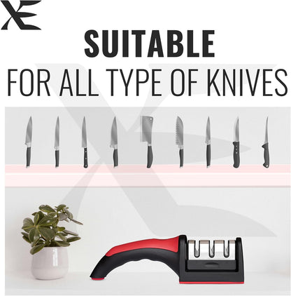 XE Kitchen Knife Sharpener – 3 Stage Manual Knife Sharpeners for Sharpening Home and Restaurant Knives - Ceramic Stone, Tungsten Carbide Plates Knife Sharpener Tool