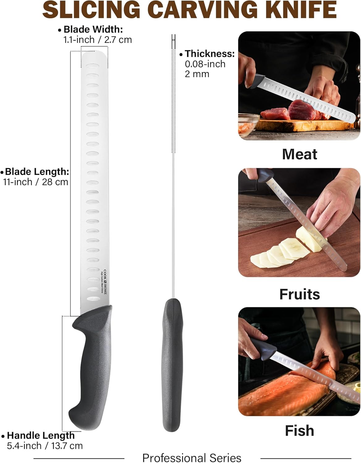 Cook N Home Slicing Knife Roast/Fish Slicer 11-inch, Granton Edge High Carbon Stainless Steel Sharp Kitchen Knife, Ergonomic Handle,Black