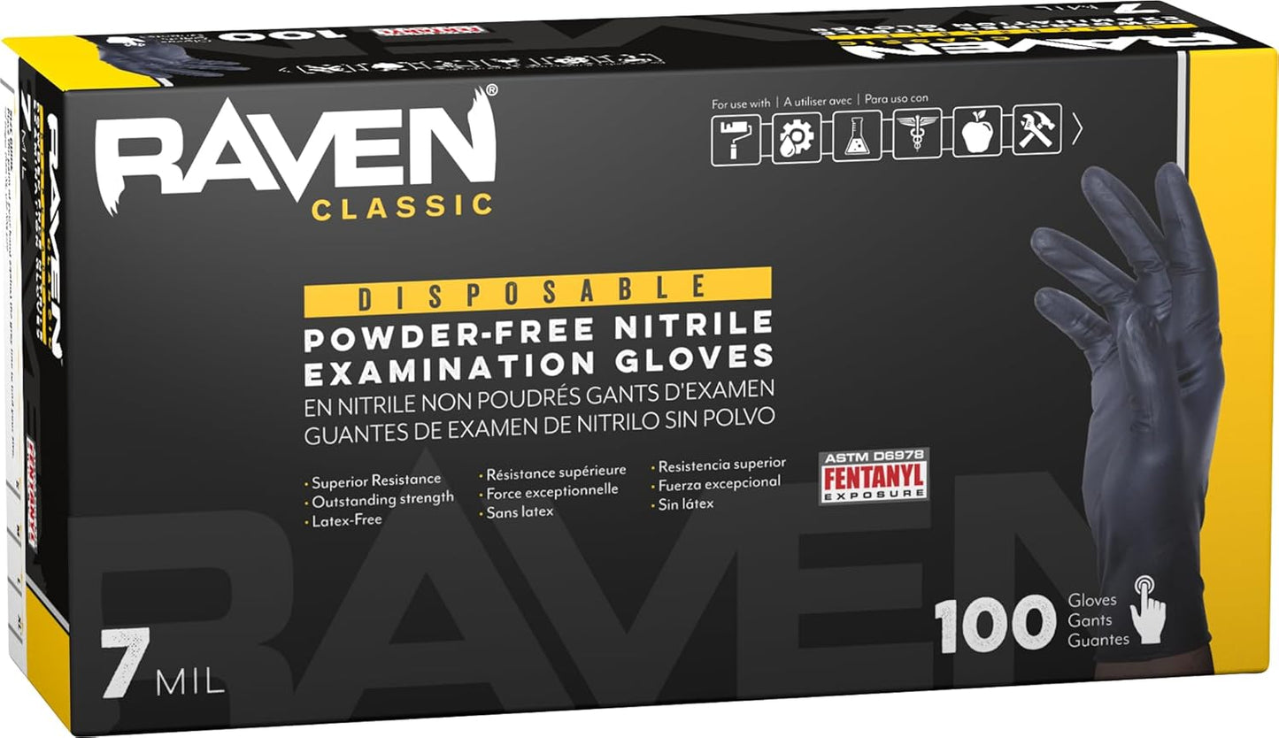 Raven Powder Free Nitrile Disposable Gloves 7 Mil - XL Latex Free, Chemical + Puncture Resistant, Textured Grip, Single Use for Automotive, Industrial, Janitorial, MRO, Food Service 66519