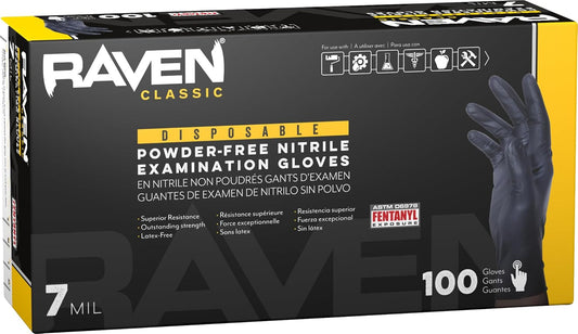 Raven Powder Free Nitrile Disposable Gloves 7 Mil - XL Latex Free, Chemical + Puncture Resistant, Textured Grip, Single Use for Automotive, Industrial, Janitorial, MRO, Food Service 66519