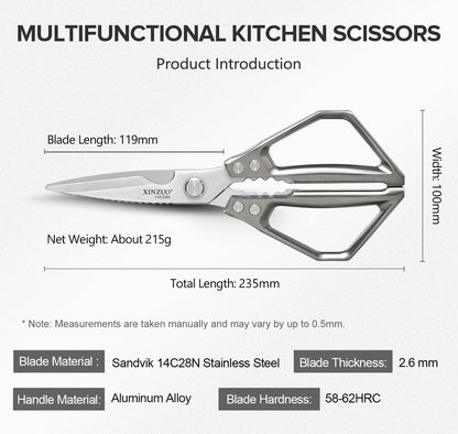 XINZUO Sandvik 14C28N Stainless Steel Multi-Purpose Kitchen Shear,Heavy Duty Kitchen Food Scissors For (Meat/Herbs/Poultry),With Silver Aluminum Alloy Handle