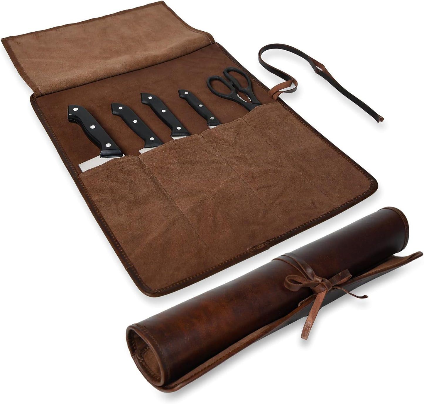 Leather Knife Roll Bag for Professional Chefs 4 Slot Full Grain and Suede Leather Knife Case Handmade Culinary Tool Roll Organizer for Travel, Kitchen and Outdoor Cooking (Black)