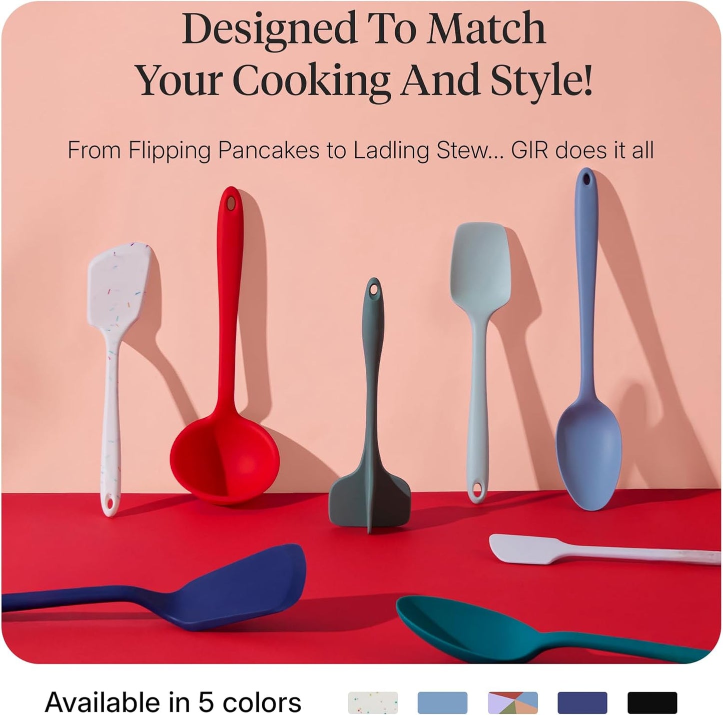 GIR: Get It Right 5 Piece Silicone Ultimate Kitchen Utensils Set - Ladle, Spatula, Flip, Spoon & Spoonula - Non-Toxic Cooking Utensils for Nonstick Cookware, Cooking and Baking - Red