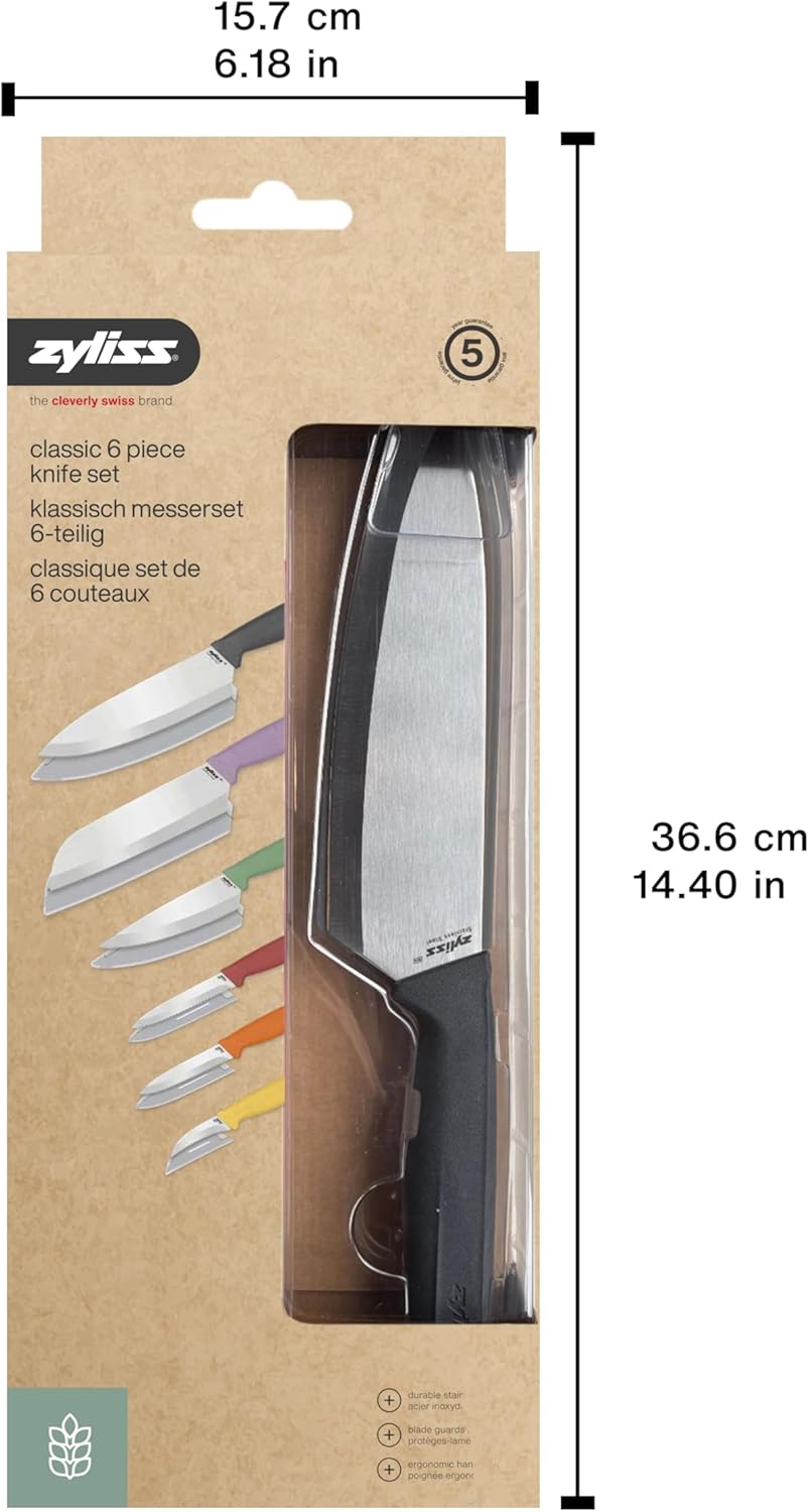 Zyliss Classic 6 Piece Knife Set, Chef Santoku Utility Paring Serrated & Peeling Knives, Stainless Steel 15° Hollow-Ground Blades, Ergonomic Wheat Straw Handles