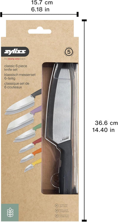 Zyliss Classic 6 Piece Knife Set, Chef Santoku Utility Paring Serrated & Peeling Knives, Stainless Steel 15° Hollow-Ground Blades, Ergonomic Wheat Straw Handles