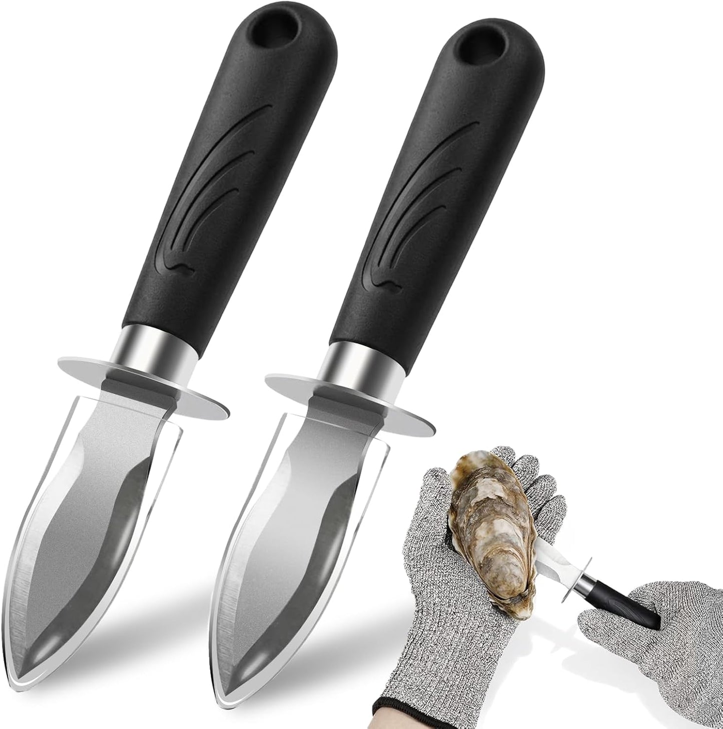 Oyster Shucking Knife Set - 2 Stainless Steel Oyster Shucker and Oyster Shucking Knife with PVC Sheath & 2 Cut Resistant Gloves and Oyster Shucking Kit for All Kinds of Shells, Clam, and Crab