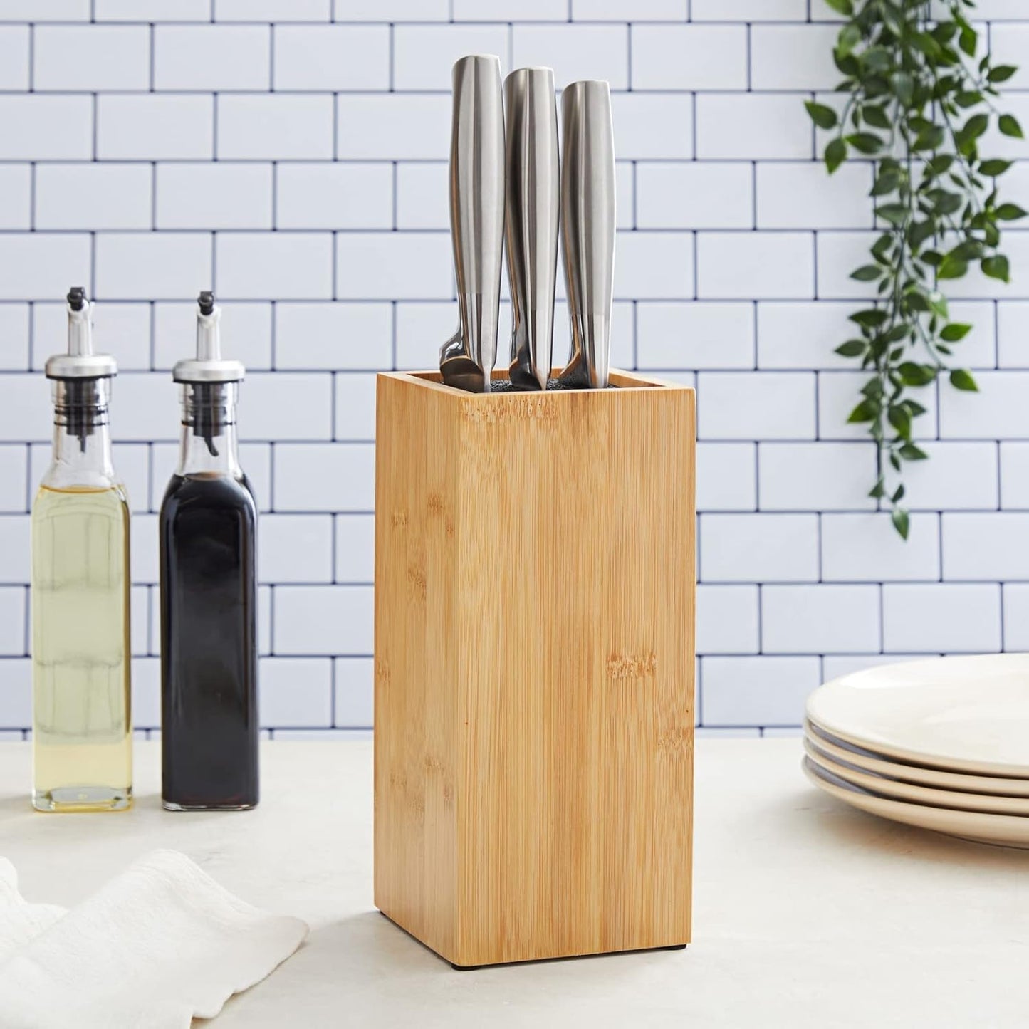 Juvale Bamboo Universal Knife Block - Adjustable Bristle Knife Holder & Stand - Cutlery Holder for Kitchen Counter - Plate Organizer for Cabinet - 4.13 x 9.25 in, Brown, Contemporary