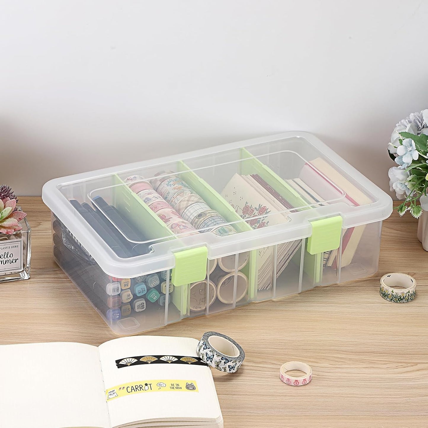 BTSKY Clear Plastic Dividing Storage Box with 4 Compartments Adjustable Storage Bin with Lid Plastic Craft Storage Container Multipurpose Sewing Box Art Supply Organizer, 13.3x8.1x3.4 Inches