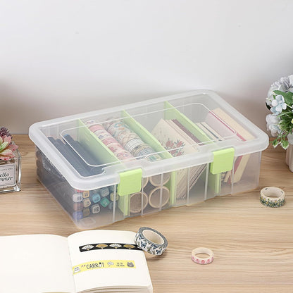 BTSKY Clear Plastic Dividing Storage Box with 4 Compartments Adjustable Storage Bin with Lid Plastic Craft Storage Container Multipurpose Sewing Box Art Supply Organizer, 13.3x8.1x3.4 Inches