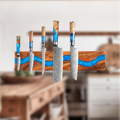 Magnetic Knife Holder, 15.7 Inch Walnut Wood and Resin Magnetic Knife Bar for Wall, Heavy Duty Magnet Holds 8 Knives, Handcrafted Ocean Blue (Ocean's Embrace)