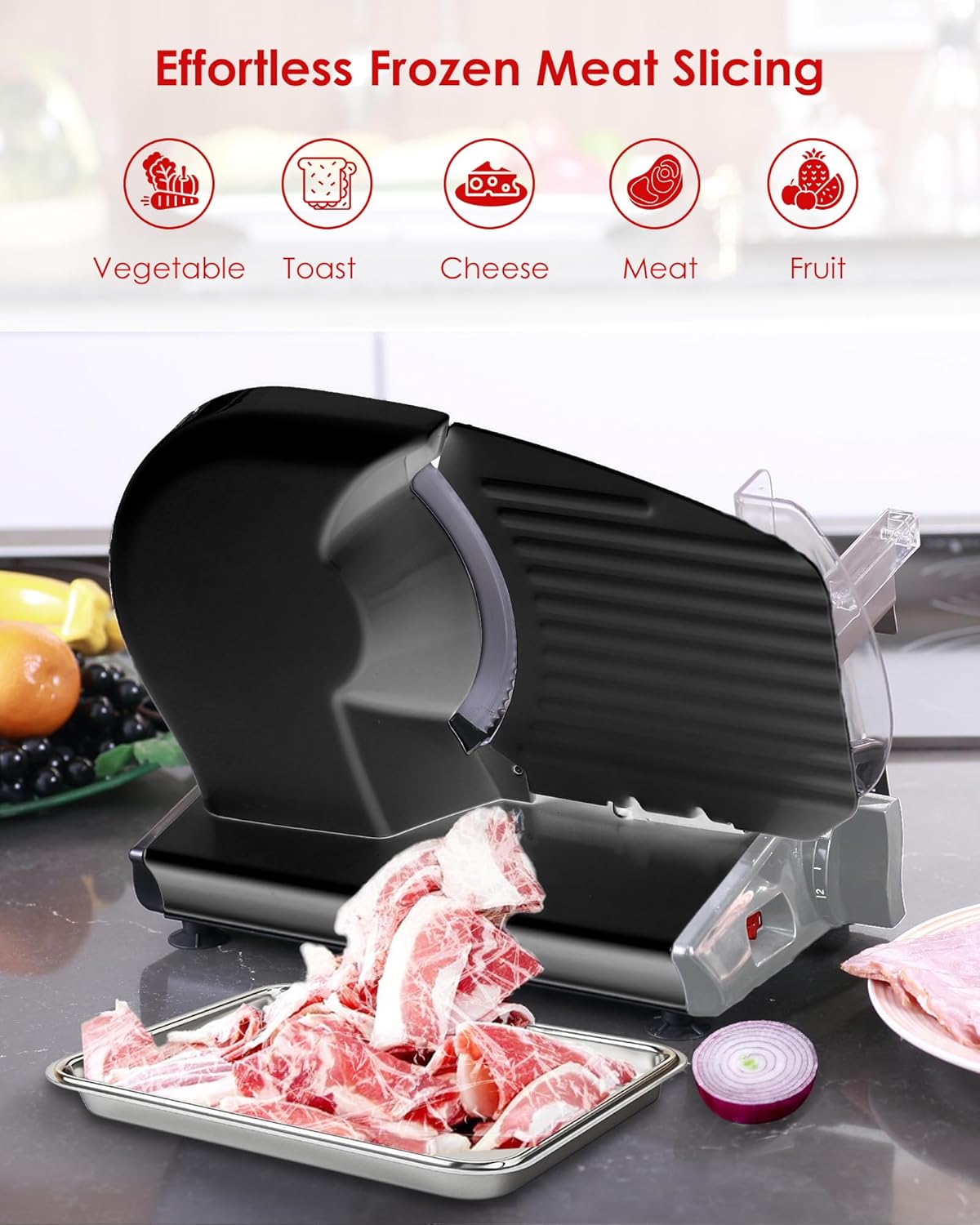 TOOGOOD 7.5" Electric Meat Slicer, with Stainless Steel Blade, Adjustable Thickness Food Slicer Machine for Home Use, Cuts Meat, Ham, Hard Cheese and Deli (Black)