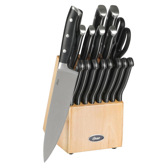 Oster Evansville 14 Piece Cutlery Kitchen Knife Block Set, Stainless Steel w/Linen White Handles - Cuchillos Para Cocina