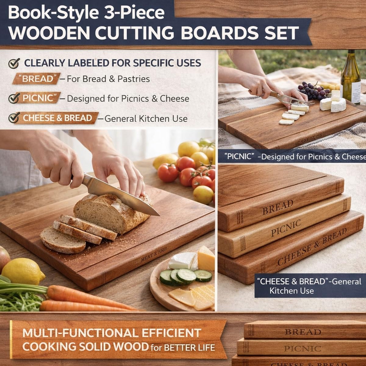 Library Cutting Board Set, Wood Book Cutting Boards with Stand, Decorative Cutting Boards for Kitchen Display, Acacia Wooden Chopping Board Set of 3
