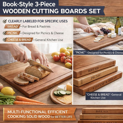 Library Cutting Board Set, Wood Book Cutting Boards with Stand, Decorative Cutting Boards for Kitchen Display, Acacia Wooden Chopping Board Set of 3