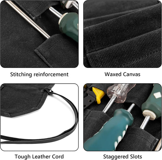 Tool Roll,10Slots Tool Roll Up Pouch,Heavy Duty Waxed Canvas Tool Roll Bag,Chisel Wrench Spanner Roll Tool Pouch with Leather Rope,Tool Roll Organizer for Mechanic Electrician Plumber Carpenter