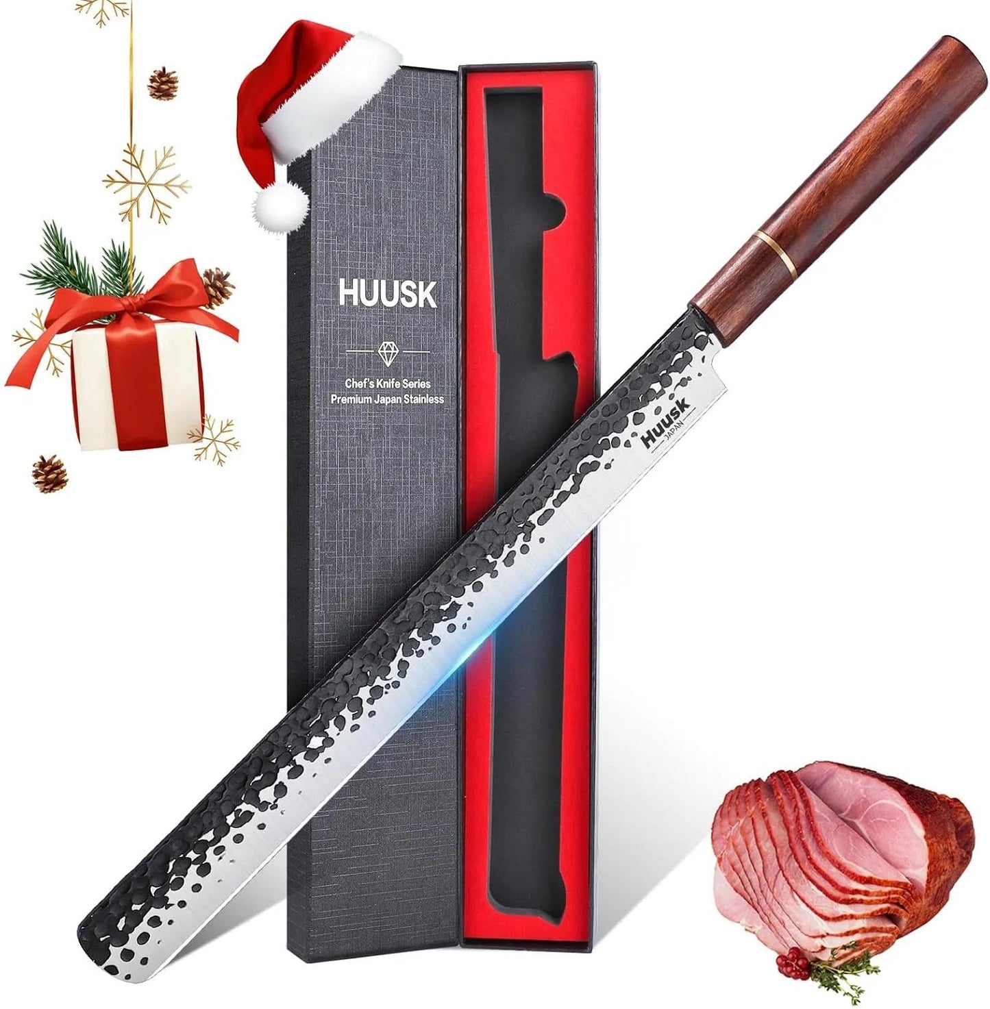 Huusk Japanese Brisket Carving Knife - 11" Slicing Knife for Meat Cutting Made by High Carbon Steel, Hand Forged Ultra Sharp Brisket Slicer with Wood Handle for BBQ Grilling Roast, Christmas Gifts