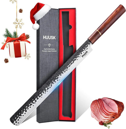 Huusk Japanese Brisket Carving Knife - 11" Slicing Knife for Meat Cutting Made by High Carbon Steel, Hand Forged Ultra Sharp Brisket Slicer with Wood Handle for BBQ Grilling Roast, Christmas Gifts