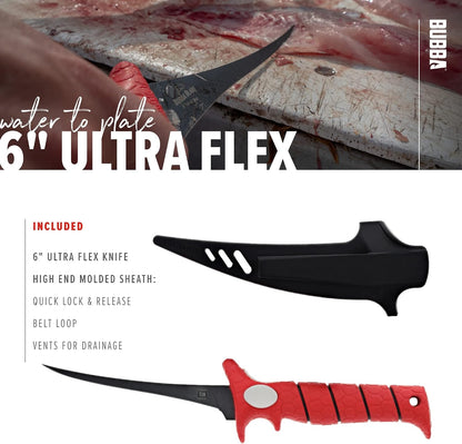 BUBBA 6 Inch Ultra Flex Tapered Fillet Knife with Non-Slip Grip Handle, 8Cr13MoV Stainless Steel Blade, Lanyard Hole and Synthetic Sheath for Fishing