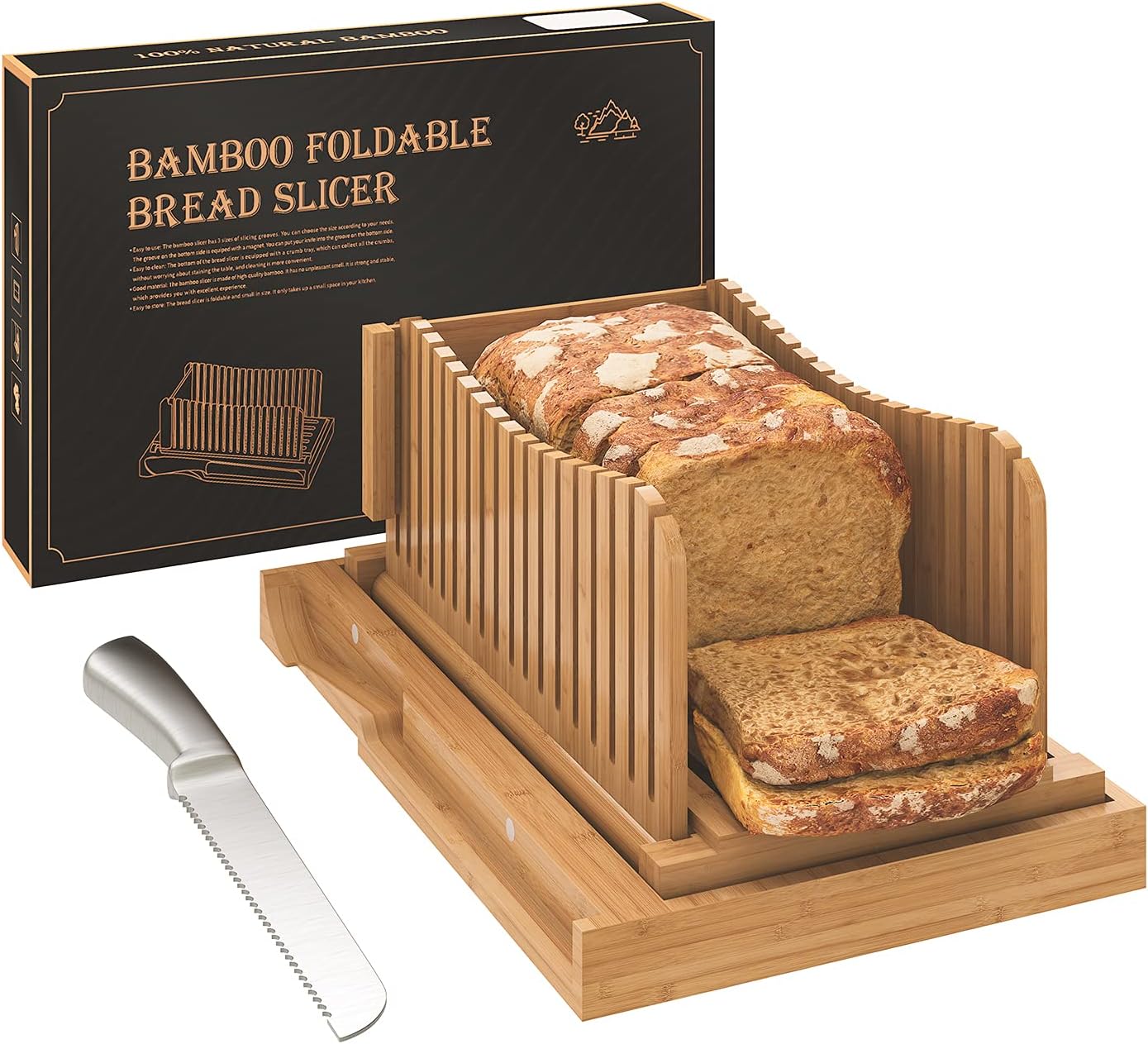Bamboo Bread Slicer with Serrated Knife, Adjustable Guide for 3 Thickness Sizes, Foldable Chopping Board with Crumb Tray, Great for Homemade Bread, Cakes, Bagels