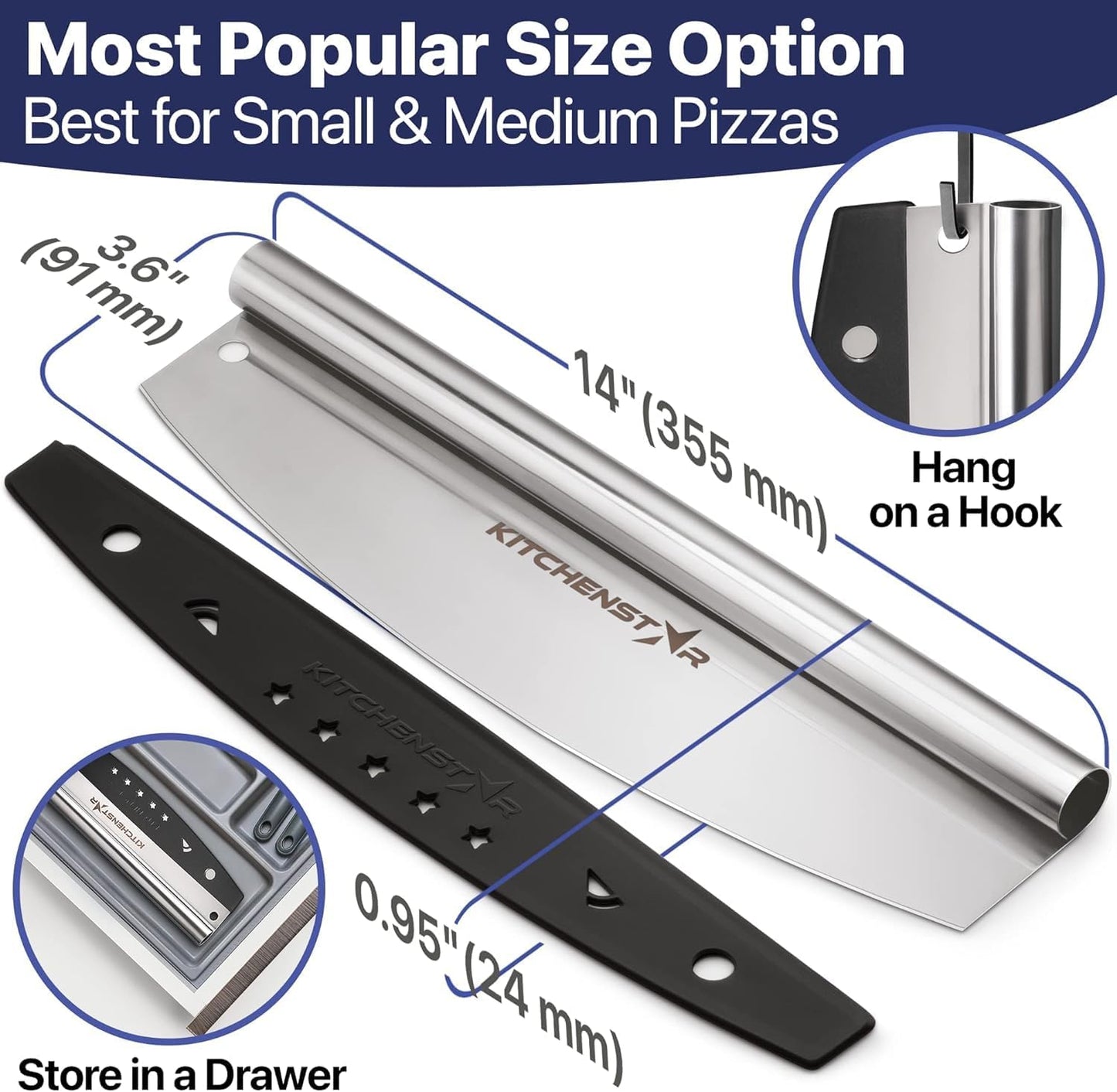 KitchenStar 12-Inch Pizza Cutter Rocker Blade - Sharp Stainless Steel Slicer Knife, Protective Cover, Dishwasher Safe, Small - Professional Pizza Oven Accessories