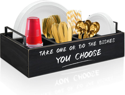 Ameuphercy Wood Paper Plate Holders for Kitchen Counter,Paper Plate Dispenser for Countertop, Rustic Silverware Utensil Caddy for Party,Wooden Plate Organizer Box for Cups Spoons and Forks