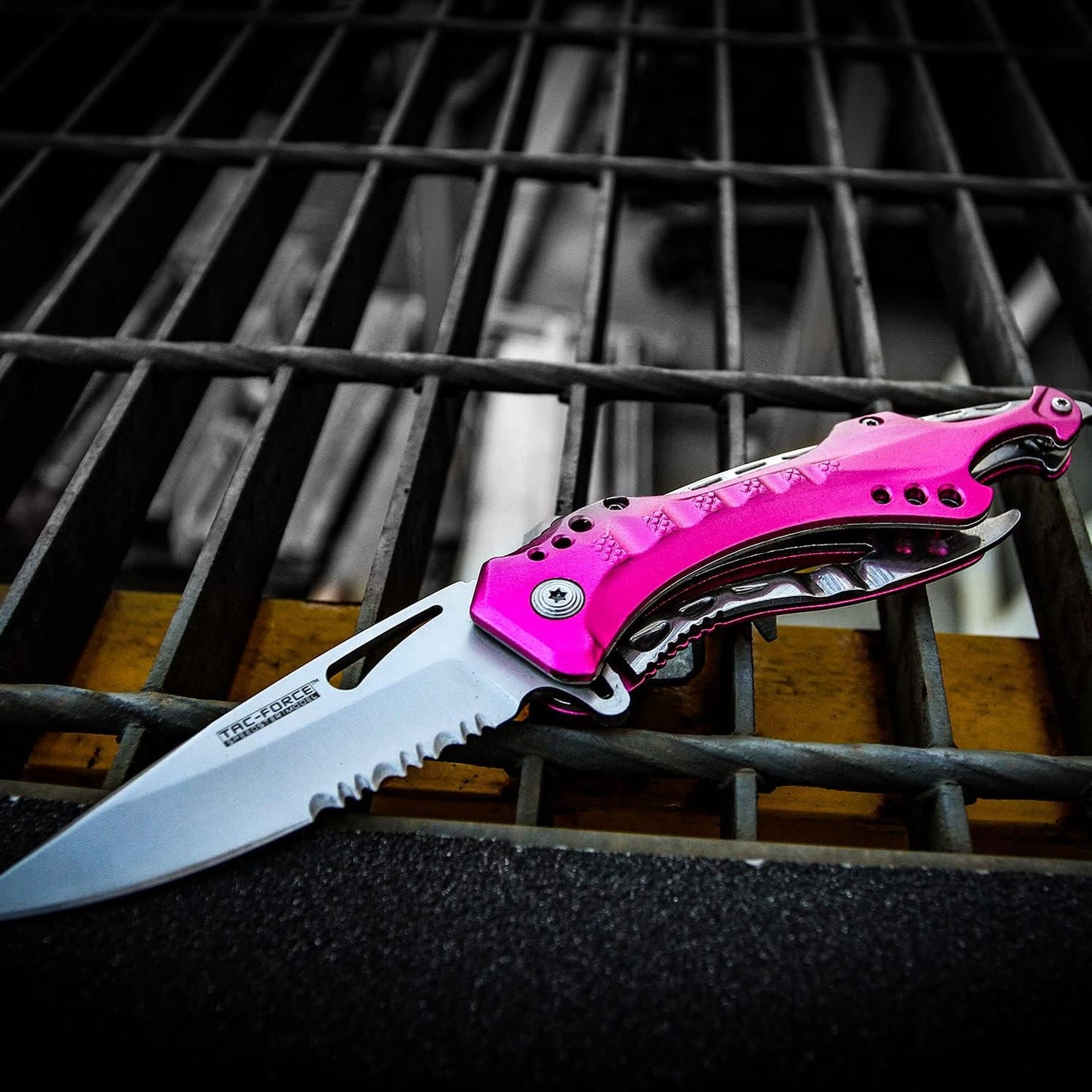 Tac-Force Folding Pocket Knife, 3.25-inch Serrated Blade, Orange Aluminum Handle, 7.75-inch Overall Length TF-705EM