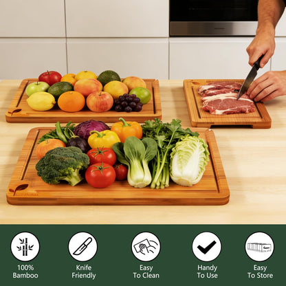 Cutting Boards for Kitchen, Bamboo Cutting Board Set of 3 with Storage Stand, Deep Carbonized Chopping Boards with Deep Juice Grooves and Side Handles for Meat, Vegetables, Fruit and Meal Prep