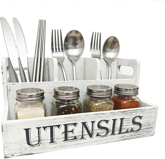 Large Wooden Kitchen Utensil Holder，Utensils Organizer for Kitchen Countertop 4 Compartments,Farmhouse Style Suitable for Storage Knife, Fork, Spoon, Chopsticks and Spice Jars