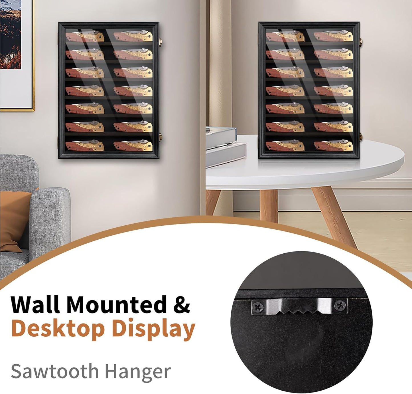 7 Row Knife Display Case for Wall Wooden Folding Knife Storage Stand with HD Tempered Glass & Removable Shelves Military Knife Organizer for Collections - Black
