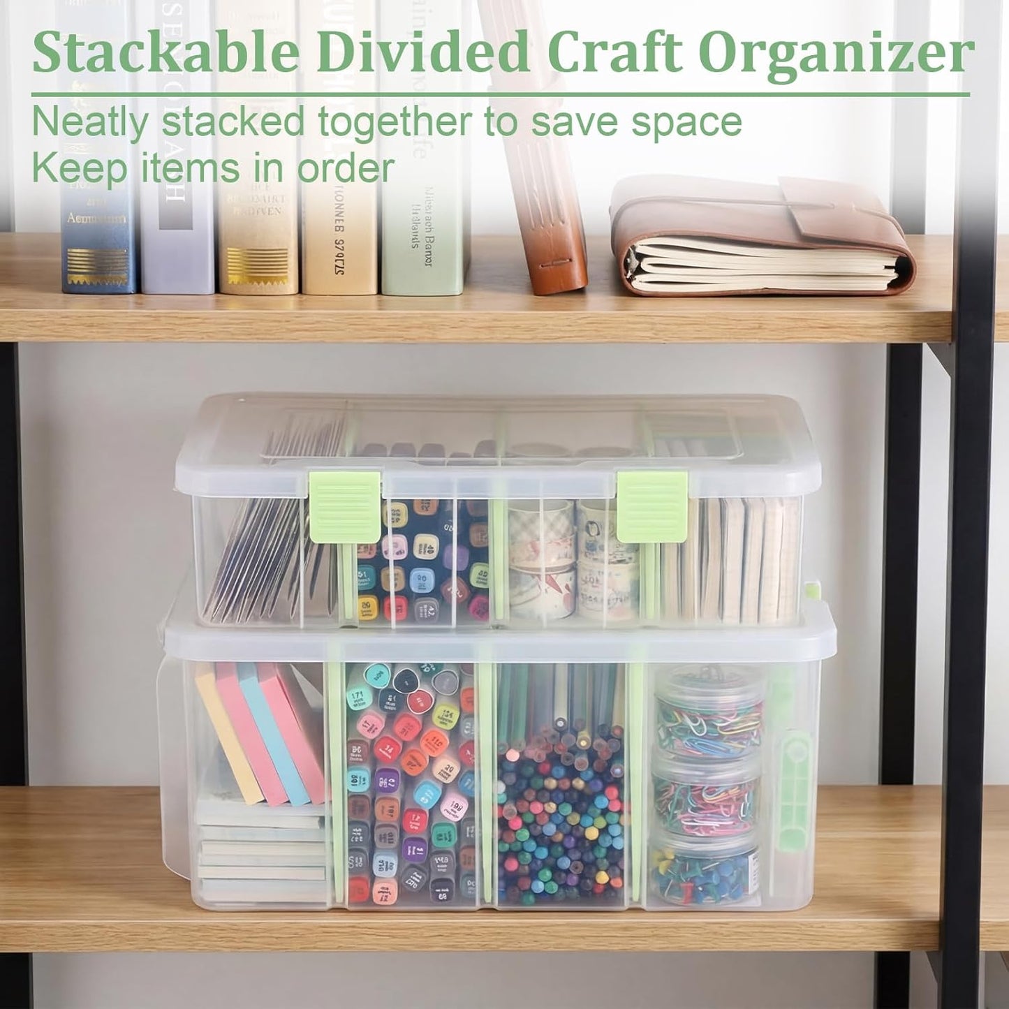 BTSKY Clear Plastic Dividing Storage Box with 4 Compartments Adjustable Storage Bin with Lid Plastic Craft Storage Container Multipurpose Sewing Box Art Supply Organizer, 13.3x8.1x3.4 Inches