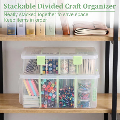 BTSKY Clear Plastic Dividing Storage Box with 4 Compartments Adjustable Storage Bin with Lid Plastic Craft Storage Container Multipurpose Sewing Box Art Supply Organizer, 13.3x8.1x3.4 Inches