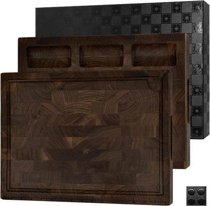 Mitsuharu End Grain Cutting Board, Reversible Large Thick Black Walnut Wood Charcuterie Board Butcher Block 17"x13"x1.5" for Kitchen Use, with Measurements, Juice Groove, Handles, Sorting Compartments