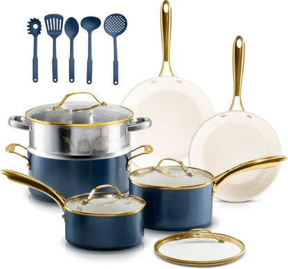 Gotham Steel 20pcs Pots and Pans Set Non Stick Ceramic Cookware Set with Deep Frying Pan Set & 6pc Knife Set, Improved Ti-Cerama Coating Made without PFOA PFOS Lasts 2x Longer, Oven & Dishwasher Safe