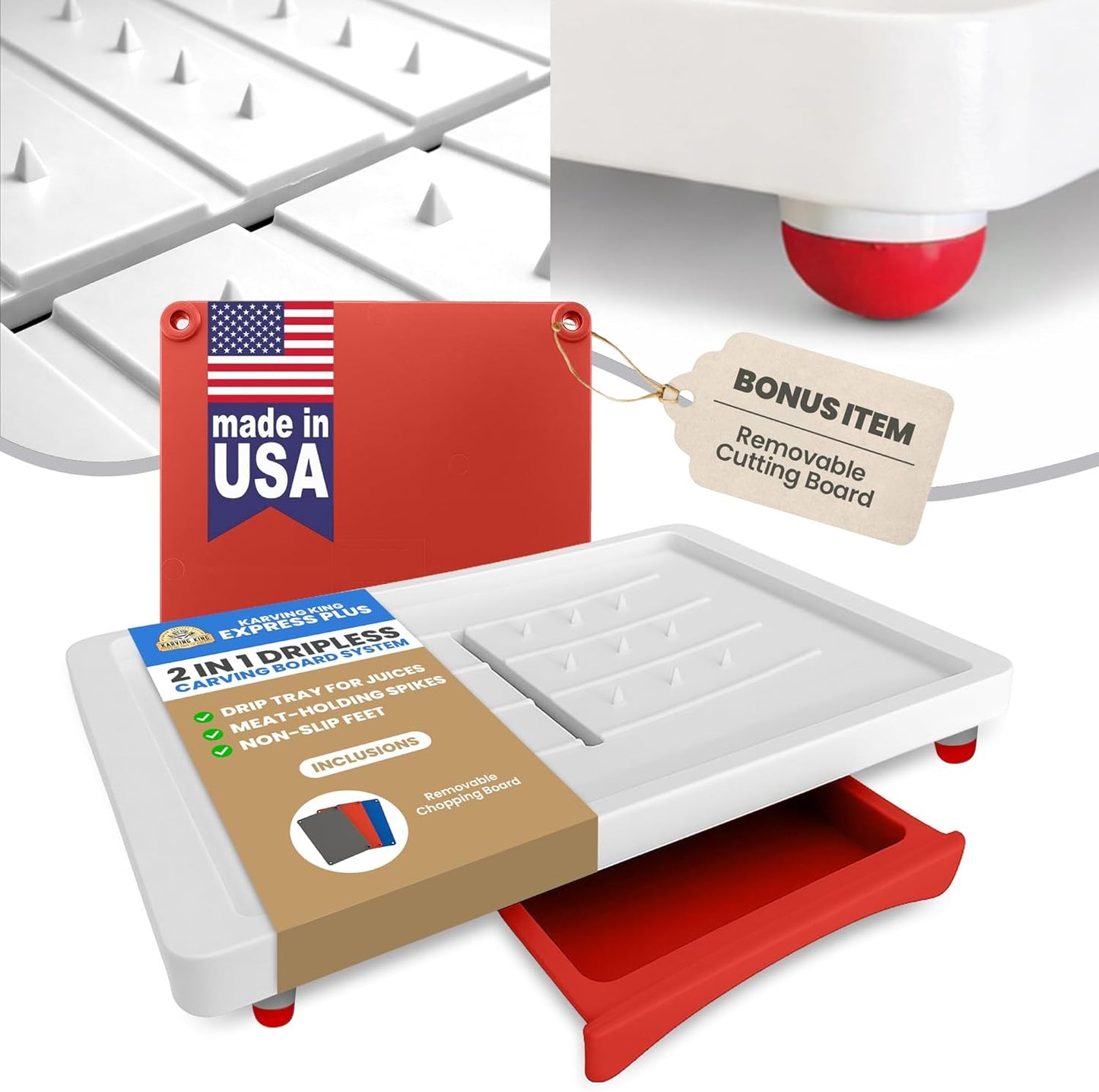 Large Cutting Board - Karving King Plus Meal Prep System with Juice Groove, Spikes, Drip Tray & Removable BPA Free Cutting Board - Patented Multi-Feature Design Carving Board - BBQ & Kitchen Essential