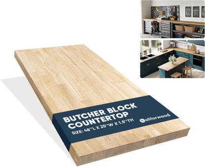 36''L x 25''W x 1.5''Th Hevea Solid Wood Butcher Block Countertop, Butcher Block Table Top for DIY Washer Dryer/Island/Kitchen Countertop (Unfinished)