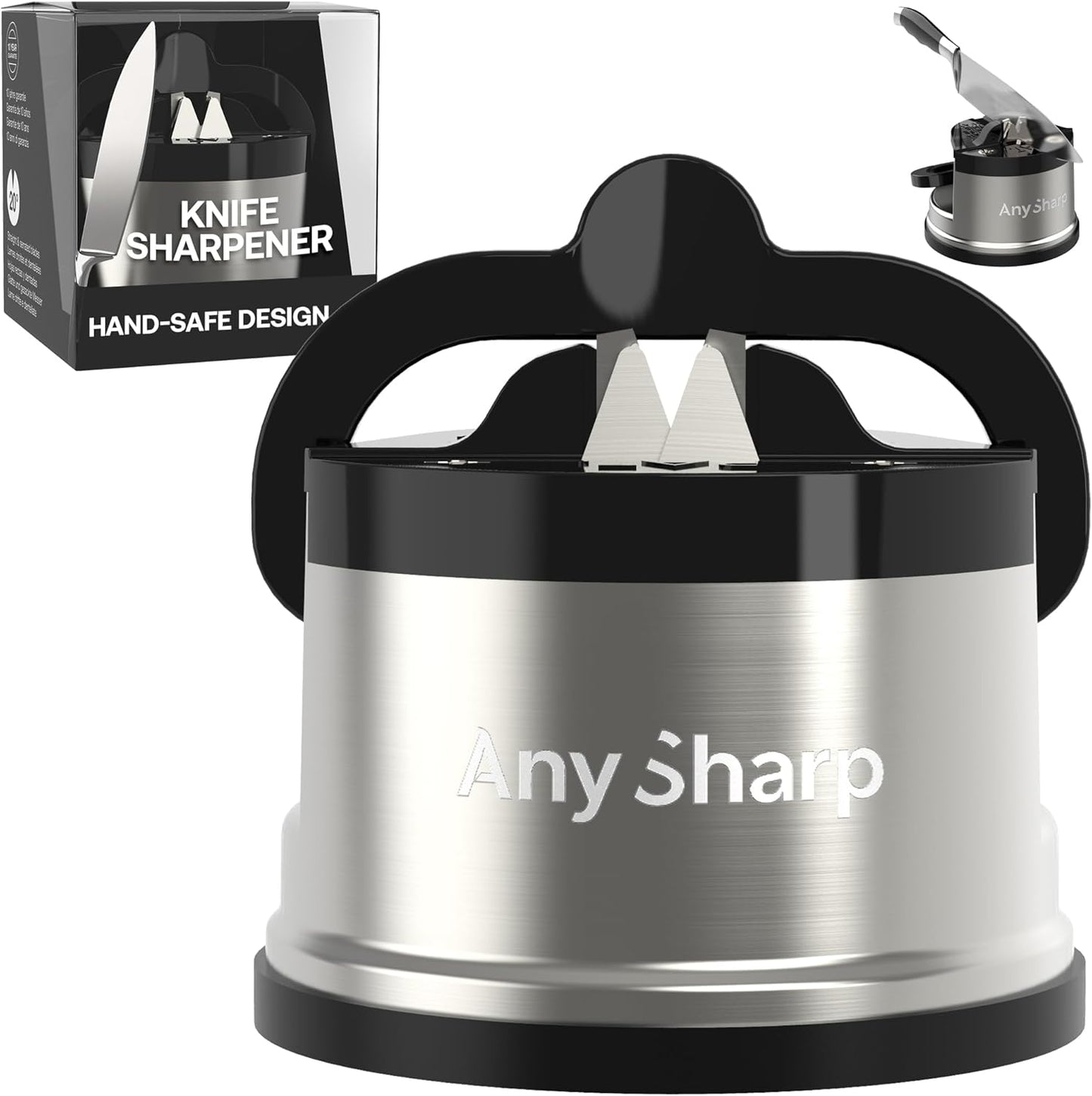 AnySharp – PRO – Hands Free Knife Sharpener - Easy to Use Sharpening Tool with PowerGrip Suction Base and 20-Degree Pre-set Angle - For All Knives: Chef’s, Serrated, and Hardened Steel - Metal
