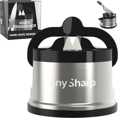 AnySharp – PRO – Hands Free Knife Sharpener - Easy to Use Sharpening Tool with PowerGrip Suction Base and 20-Degree Pre-set Angle - For All Knives: Chef’s, Serrated, and Hardened Steel - Metal