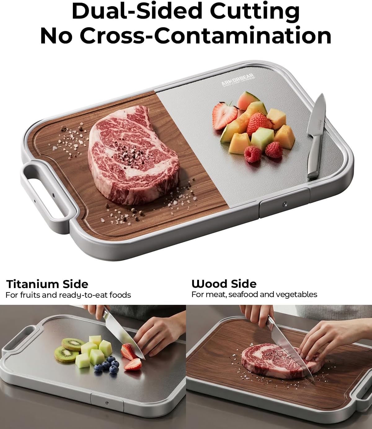 Titanium Cutting Board 2-in-1, Double Sided Wood Cutting Board for Kitchen – Non Toxic Ebony Wood & Titanium Large Chopping Board, Ideal for Meat, Vegetables & Family Cooking