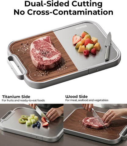 Titanium Cutting Board 2-in-1, Double Sided Wood Cutting Board for Kitchen – Non Toxic Ebony Wood & Titanium Large Chopping Board, Ideal for Meat, Vegetables & Family Cooking
