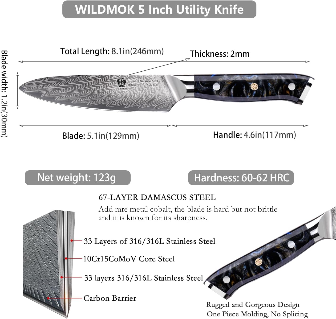 WILDMOK Japanese Damascus Steel Utility Knife, Multipurpose Super Sharp, Slicing, Mincing, Chopping, Peeling, Dicing