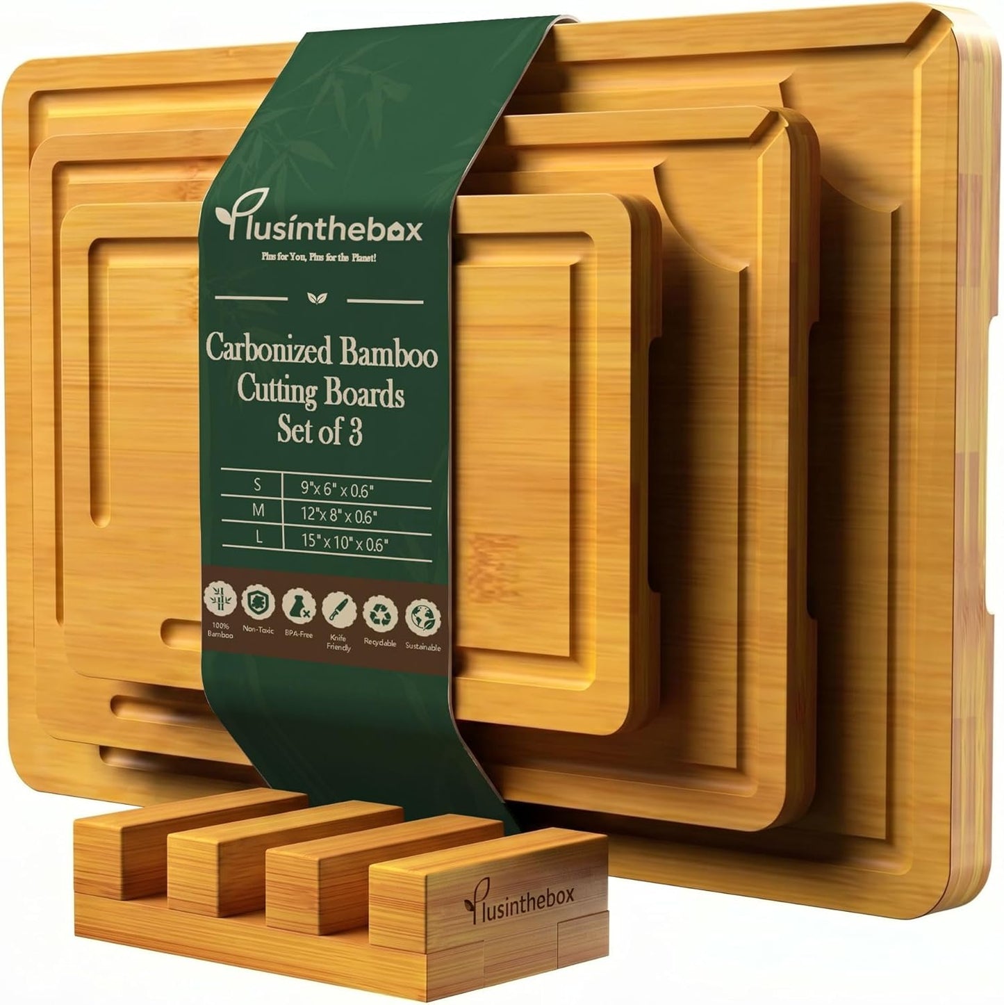 Cutting Boards for Kitchen, Bamboo Cutting Board Set of 3 with Storage Stand, Deep Carbonized Chopping Boards with Deep Juice Grooves and Side Handles for Meat, Vegetables, Fruit and Meal Prep