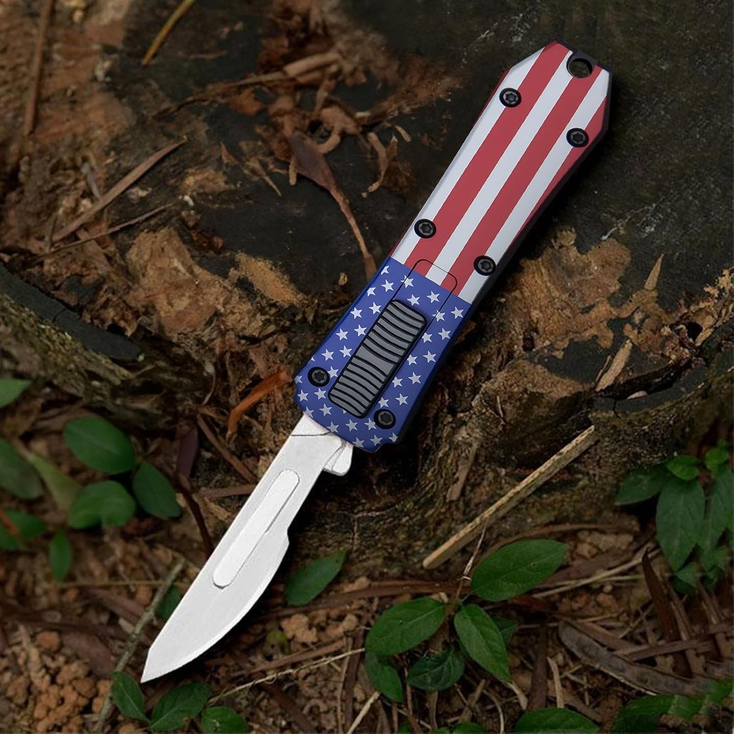 Automatic Utility Knife,All Metal Construction Carbon Stainless Steel Blade,Box Cutter Quick Change Retractable,EDC Push Button with Clip,10PCS #23 Blades Replacement,Stars&Stripes