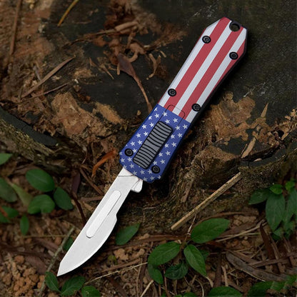 Automatic Utility Knife,All Metal Construction Carbon Stainless Steel Blade,Box Cutter Quick Change Retractable,EDC Push Button with Clip,10PCS #23 Blades Replacement,Stars&Stripes