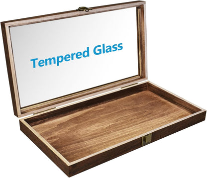 MOOCA 2 Pcs Wood Tempered Glass Top Jewelry Display Case Accessories Storage Box with Metal Clasp, Wooden Jewelry Tray for Collectibles, Pocket Knife Display Case, Brown Color
