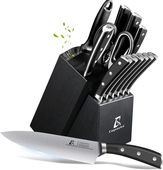 CoquusAid Knife Set, Upgrade 15 Pcs Knife Block Set with Widened Ventilated Slot, German Stainless Steel Kitchen Knives Set with Sharpener, Professional Chef Knives Set, Full Tang Ergonomic Handle