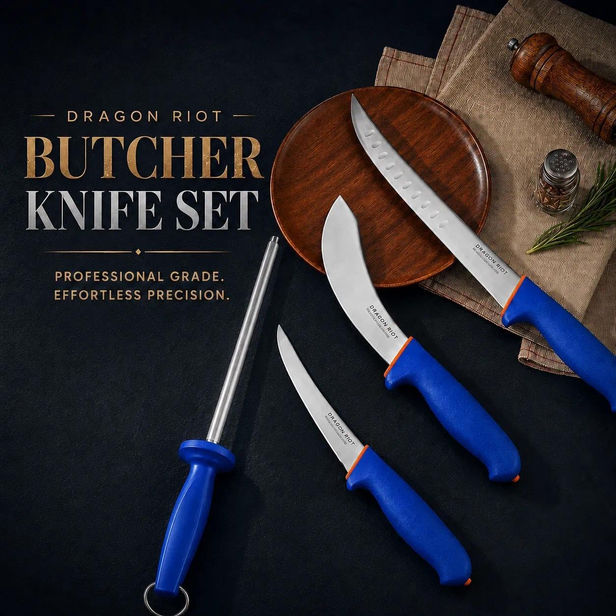 DRAGON RIOT 3 Pcs Butcher Knife Set, Stainless Steel Boning & Carving Knives, Sharp Kitchen Cutlery for Meat Cutting Trimming, Perfect for Home Kitchen, Outdoor Camping BBQ & Holiday Gift
