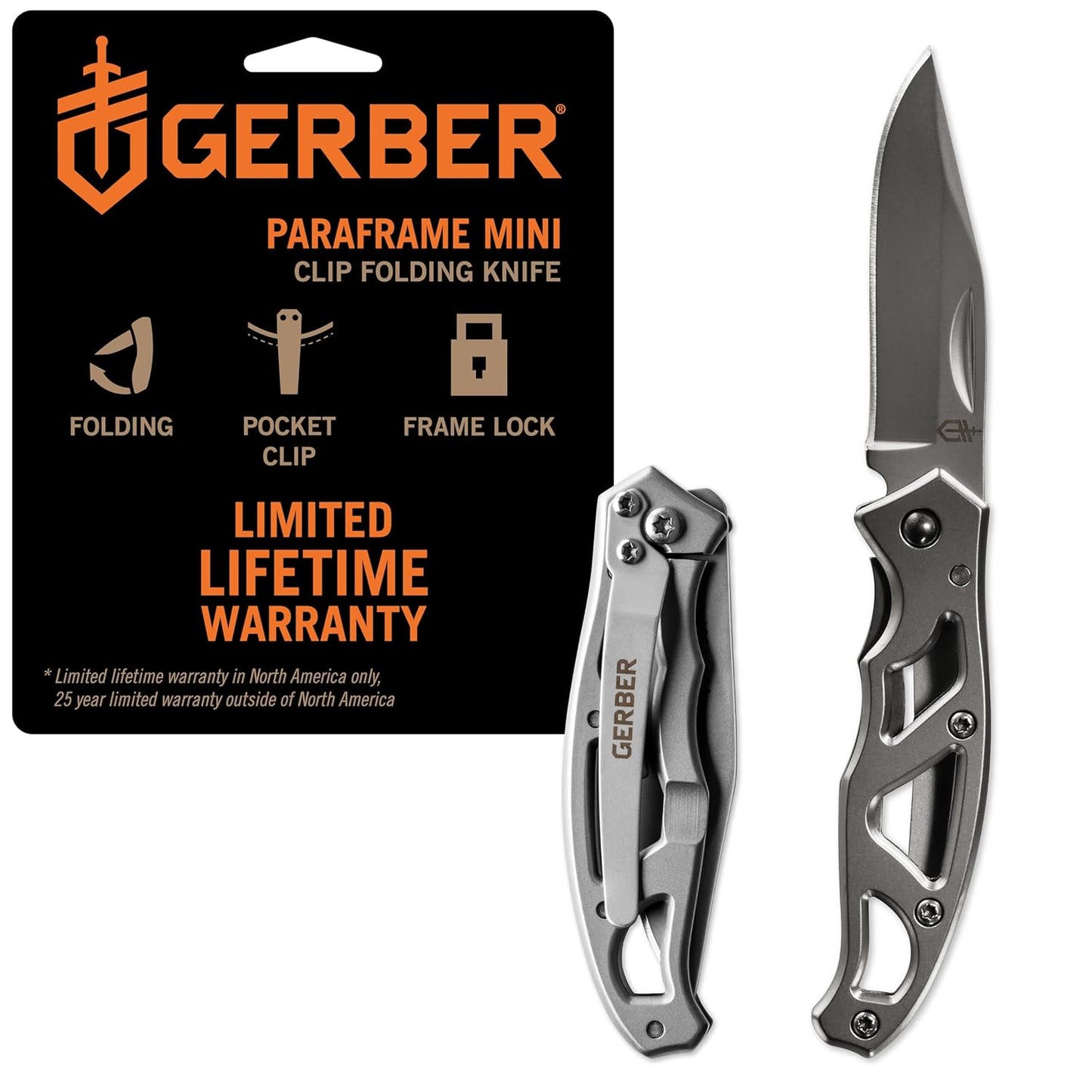 Gerber Gear Paraframe I EDC Folding Pocket Knife, 3" Serrated Edge with Safety Frame Lock, Stainless Steel, Grey